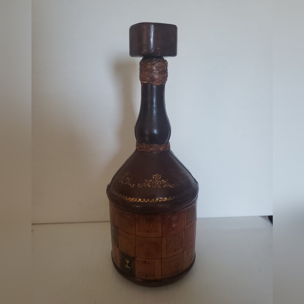 Vintage Hand Tooled Leather Wrapped Bottle Italy Decanter Flowers Gold Scroll